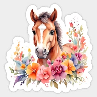 A horse decorated with beautiful watercolor flowers Sticker